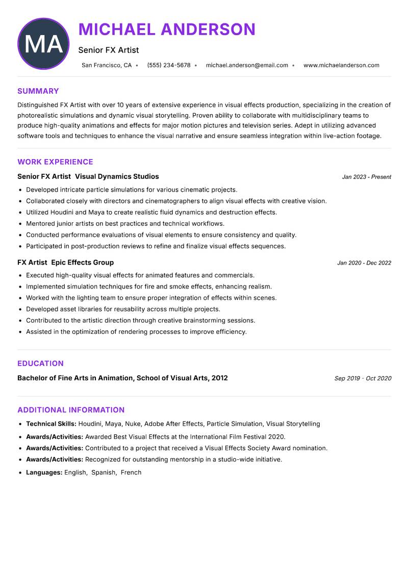 FX Artist resume example