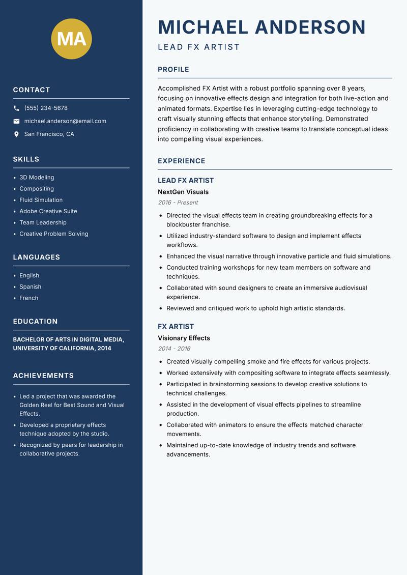 FX Artist resume sample — Lead FX Artist focus