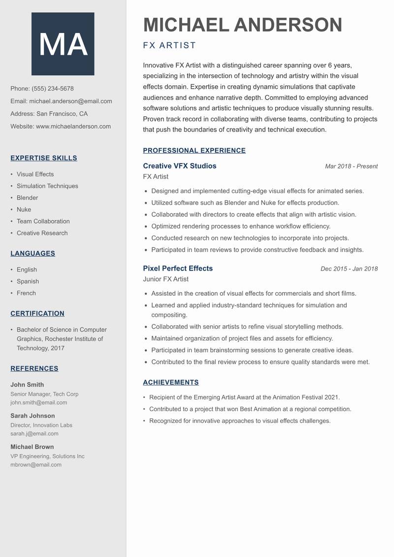 FX Artist resume sample — FX Artist focus