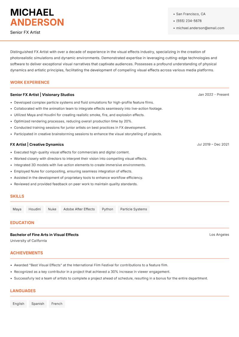 FX Artist resume sample — Senior FX Artist focus