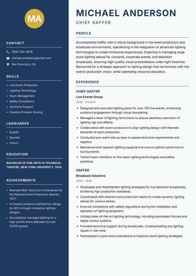 Gaffer resume sample — Chief Gaffer focus