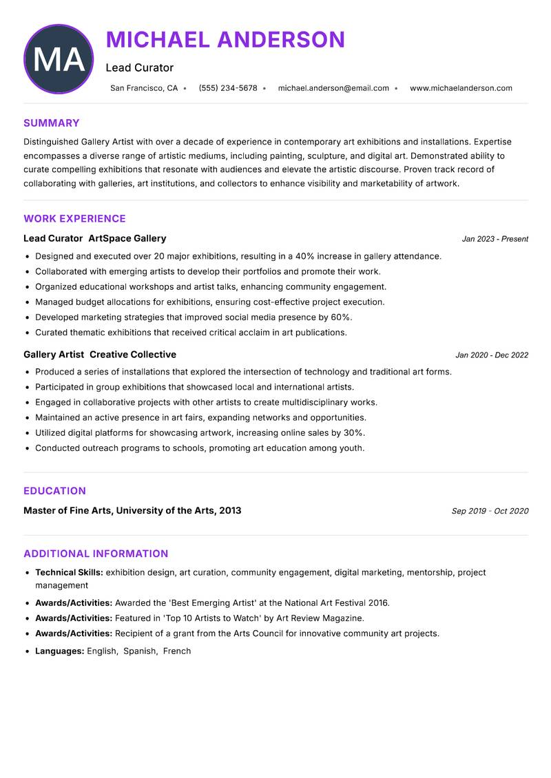 Gallery Artist resume example