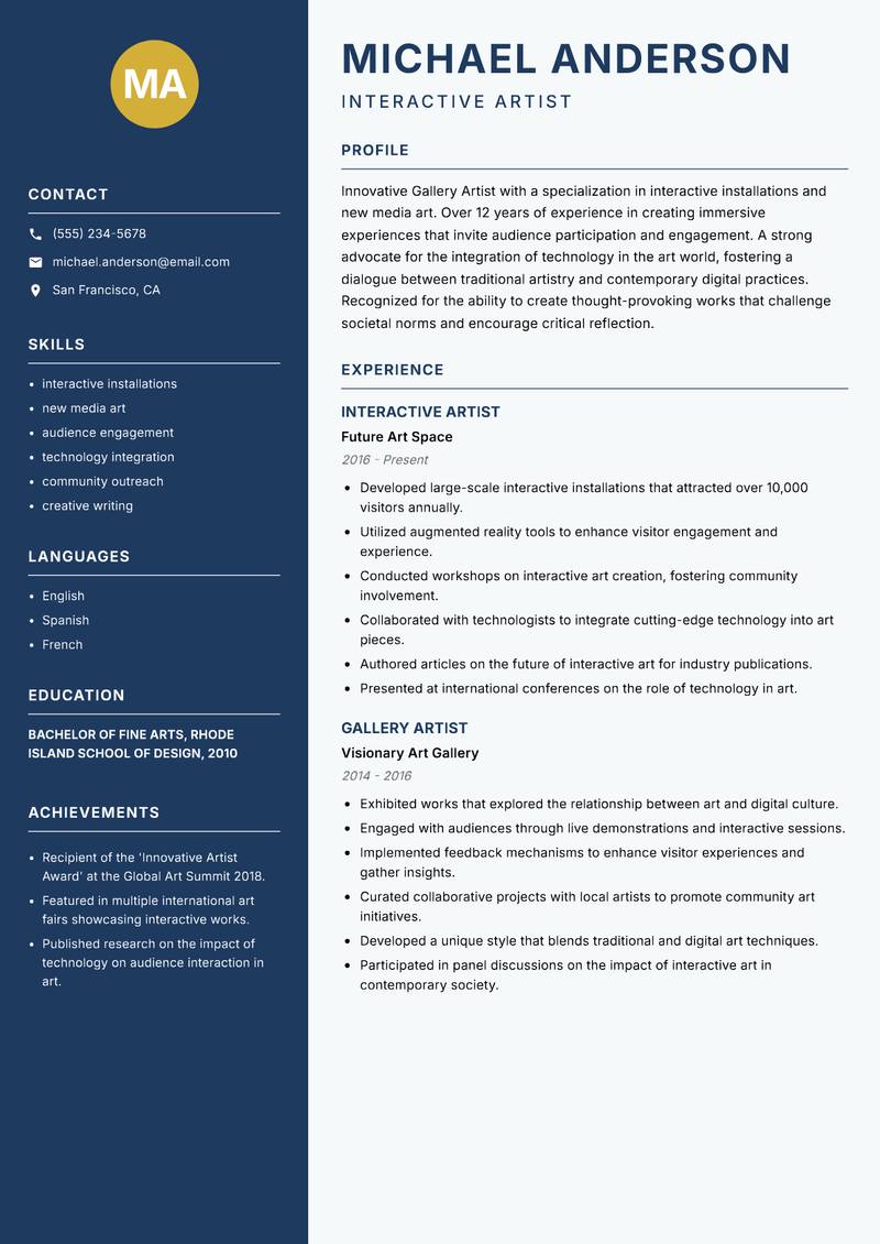 Gallery Artist resume sample — Interactive Artist focus
