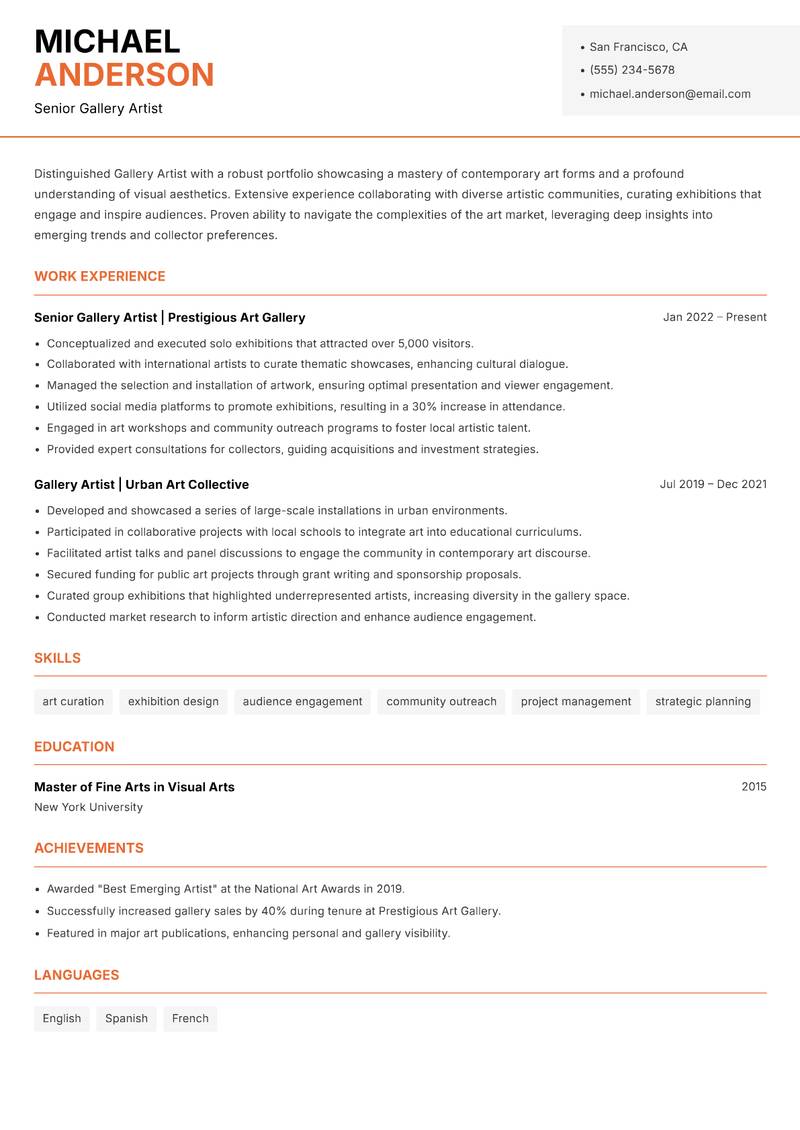 Gallery Artist resume sample — Senior Gallery Artist focus