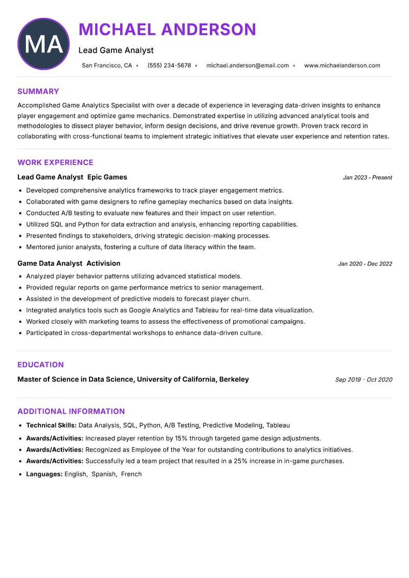 Game Analytics Specialist resume example