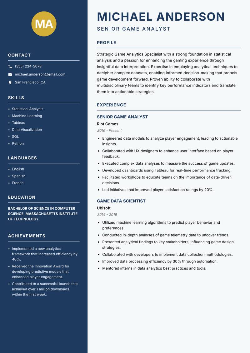 Game Analytics Specialist resume sample — Senior Game Analyst focus