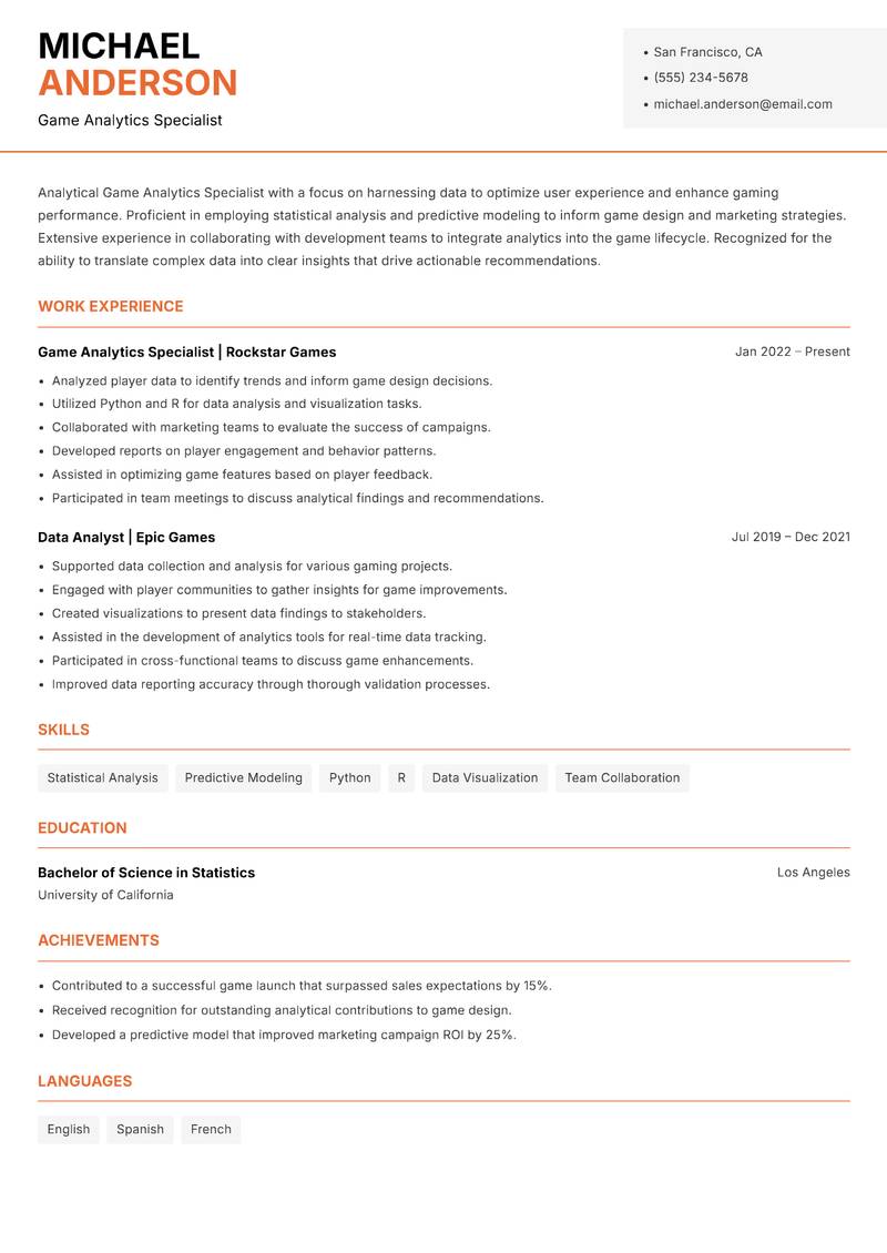 Game Analytics Specialist resume sample — Game Analytics Specialist focus
