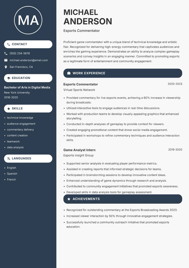 Game Commentator resume sample — Esports Commentator focus