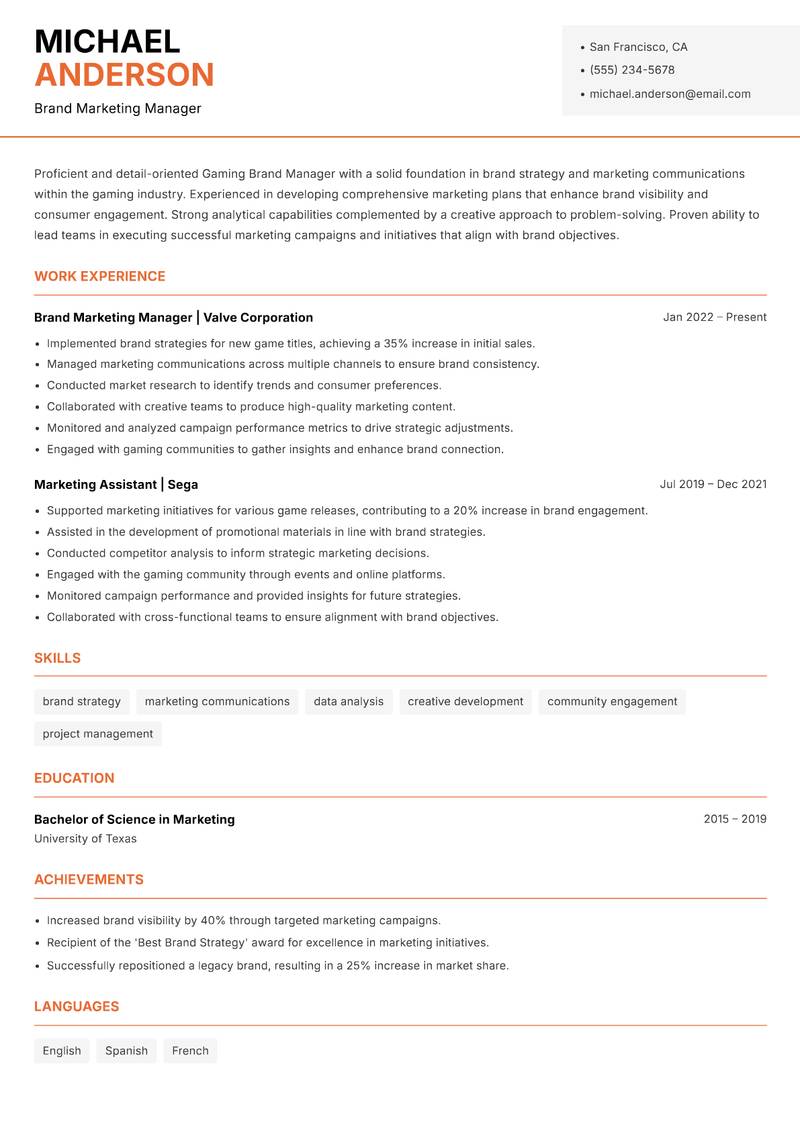 Gaming Brand Manager resume sample — Brand Marketing Manager focus