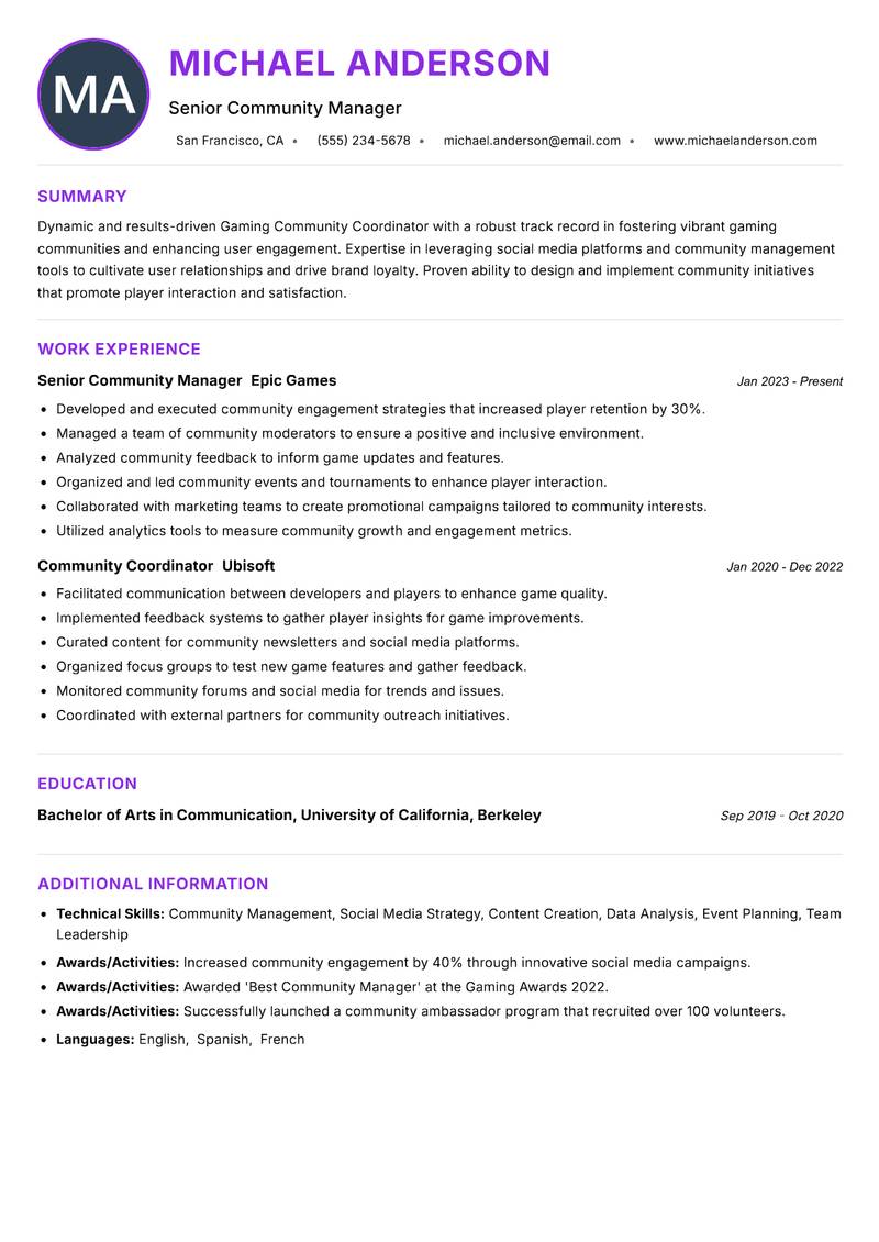 Gaming Community Coordinator resume example