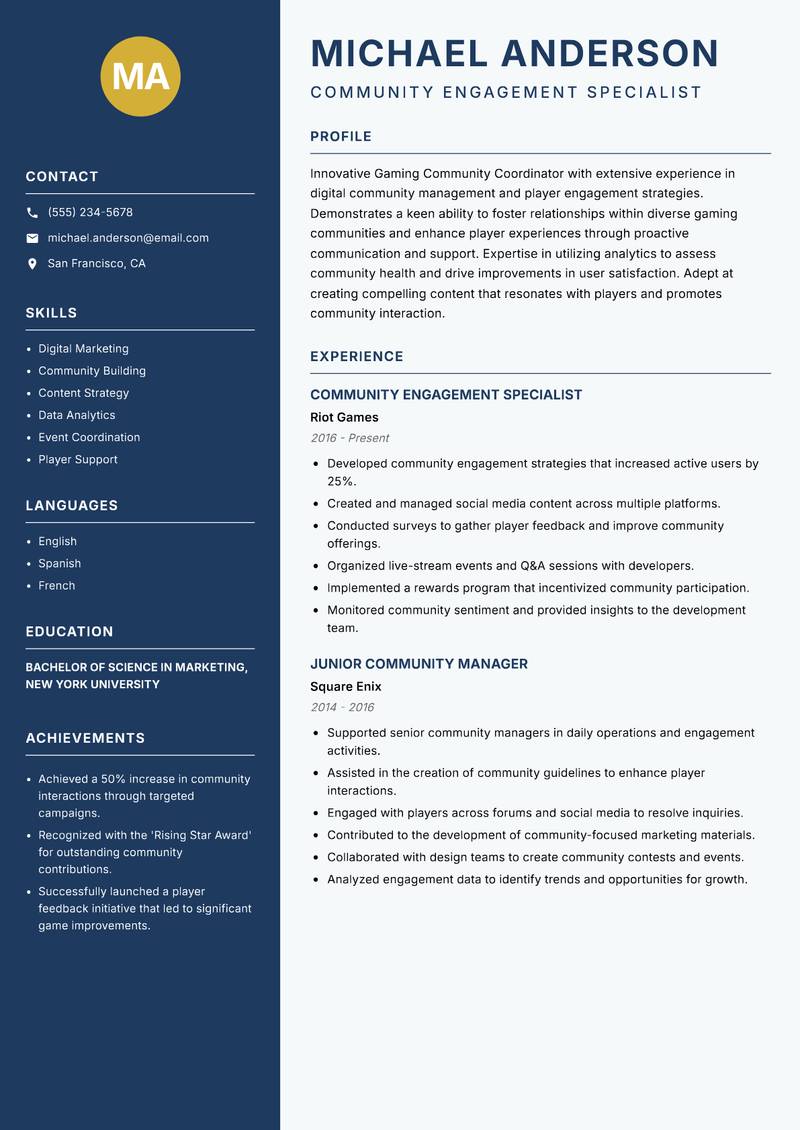 Gaming Community Coordinator resume sample — Community Engagement Specialist focus