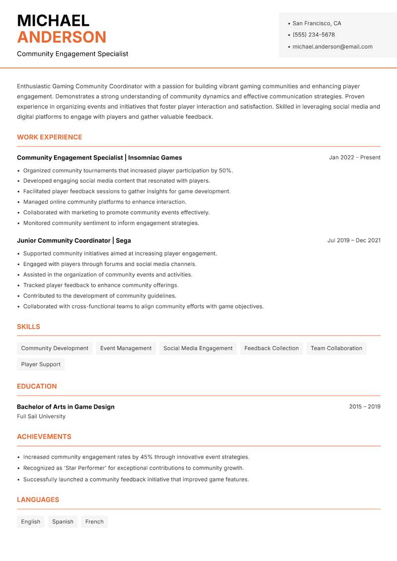Gaming Community Coordinator resume sample — Community Engagement Specialist focus