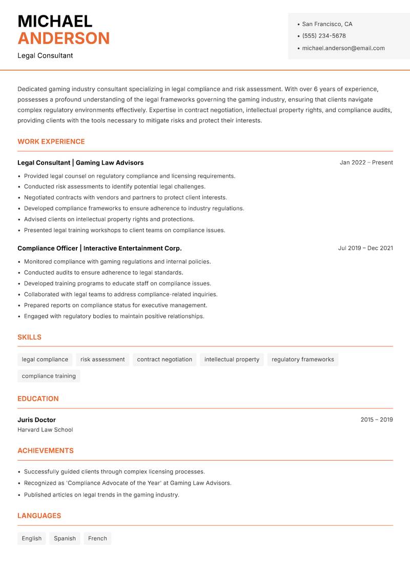 Gaming Industry Consultant resume sample — Legal Consultant focus