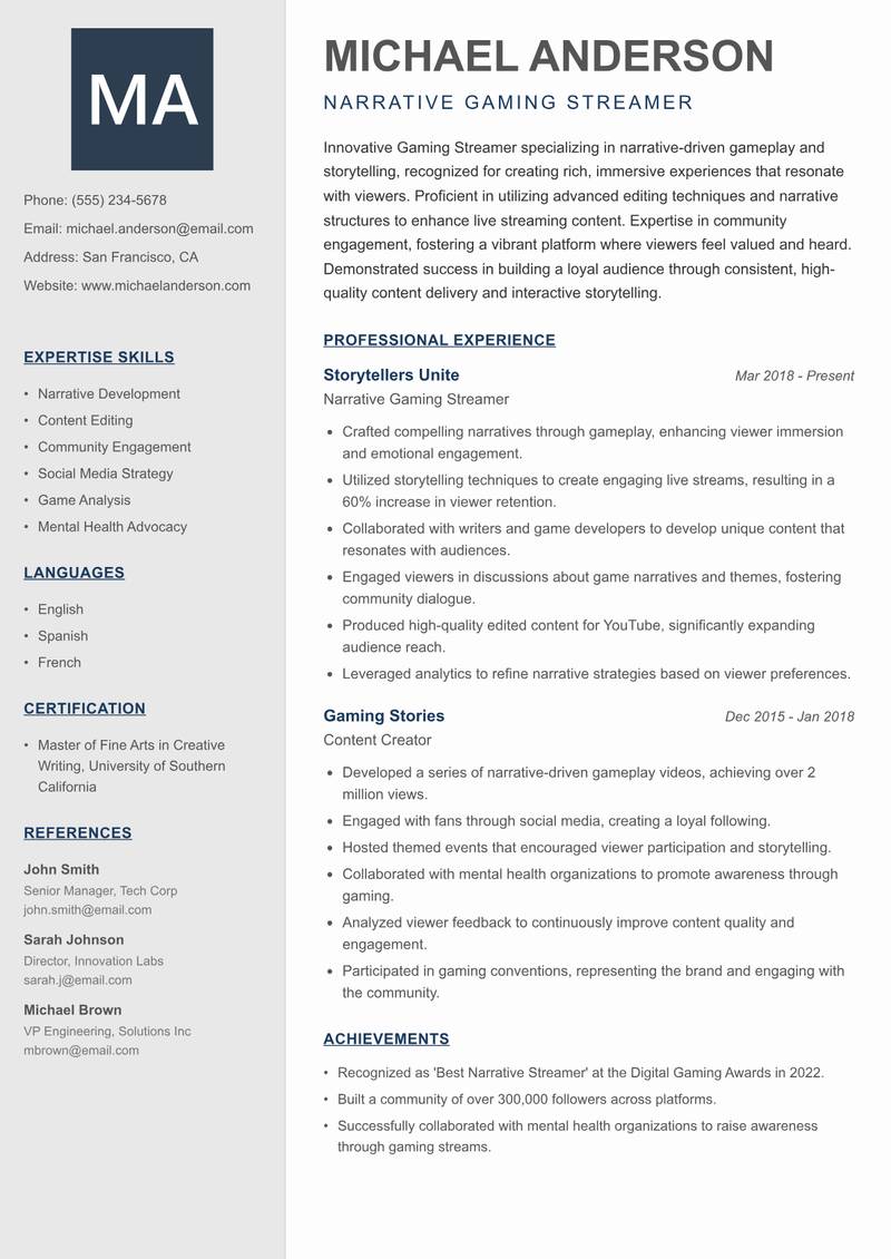 Gaming Streamer resume sample — Narrative Gaming Streamer focus