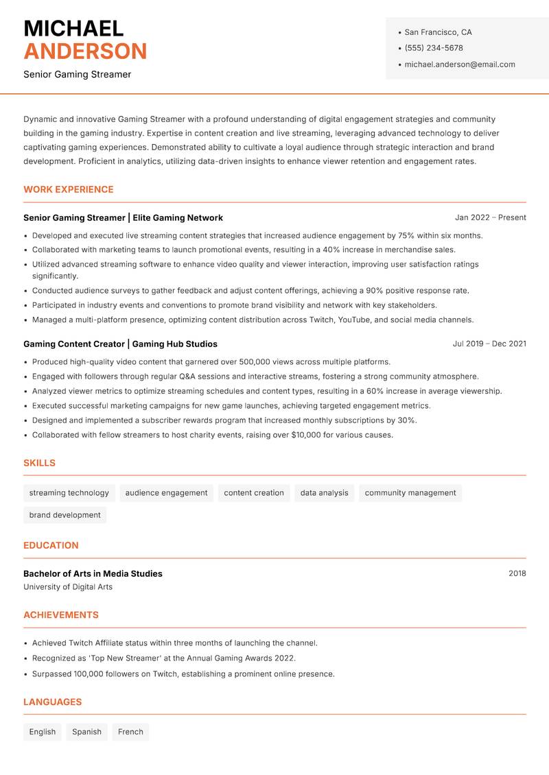 Gaming Streamer resume sample — Senior Gaming Streamer focus