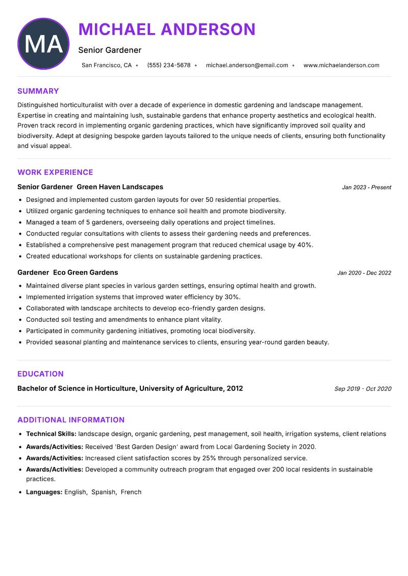 Gardener Domestic resume example