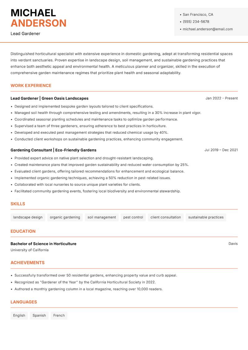 Gardener Domestic resume sample — Lead Gardener focus
