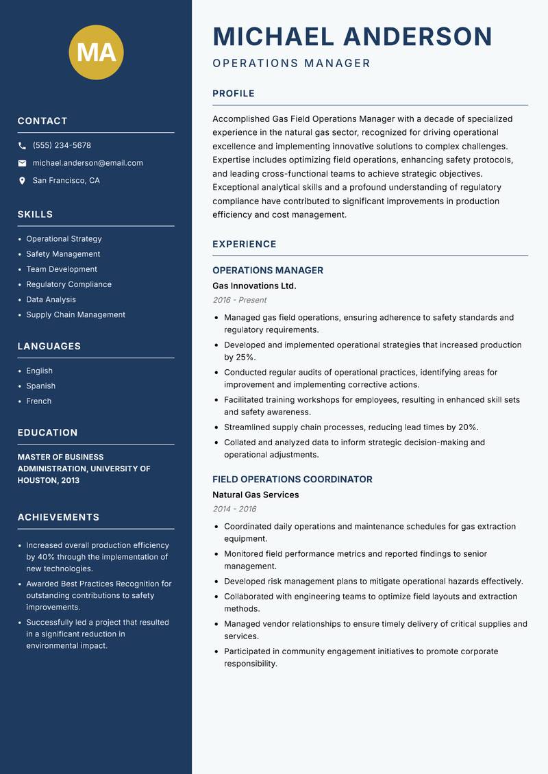 Gas Field Operations Manager resume sample — Operations Manager focus