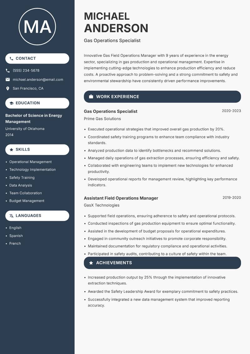 Gas Field Operations Manager resume sample — Gas Operations Specialist focus