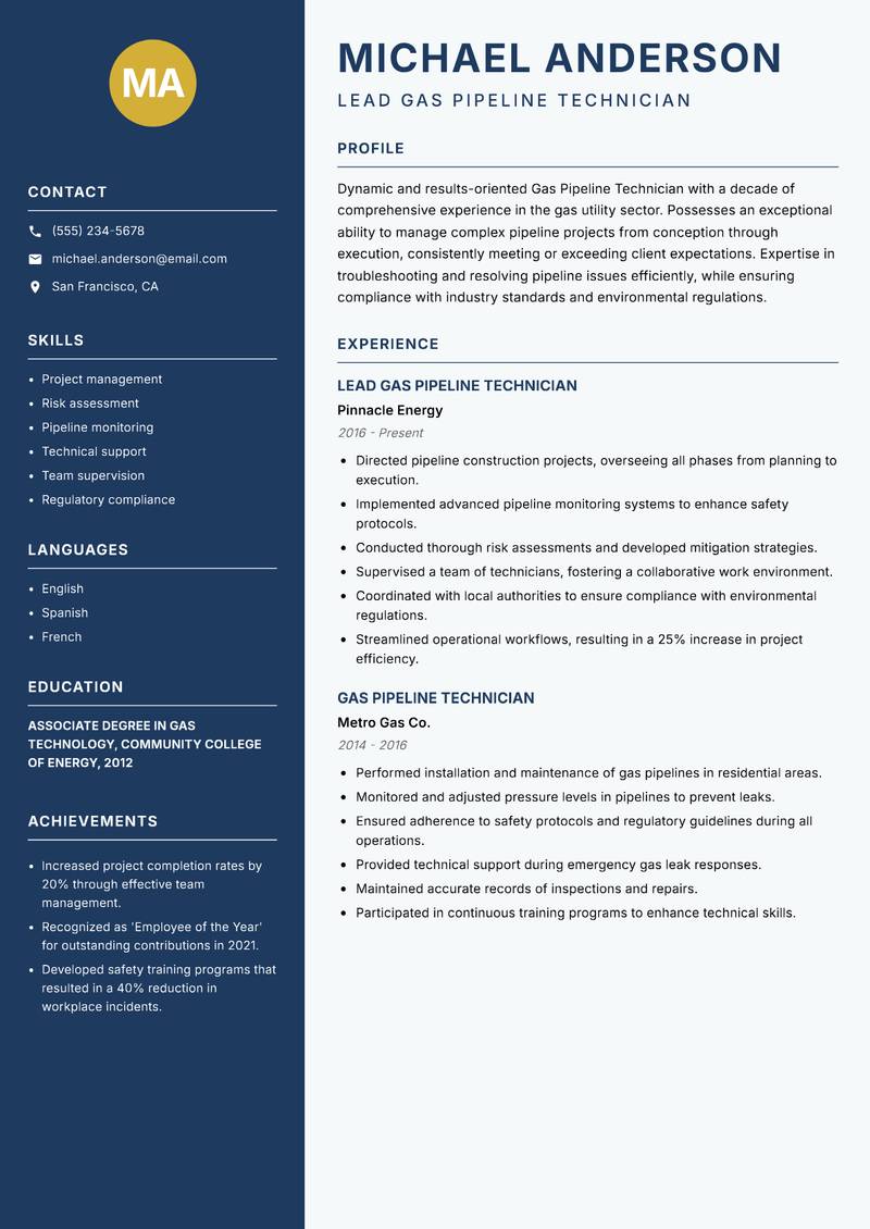 Gas Pipeline Technician resume sample — Lead Gas Pipeline Technician focus