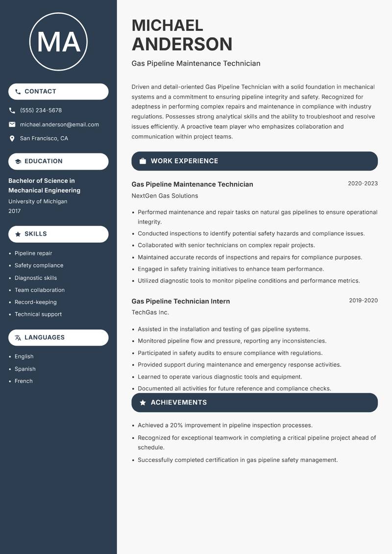 Gas Pipeline Technician resume sample — Gas Pipeline Maintenance Technician focus