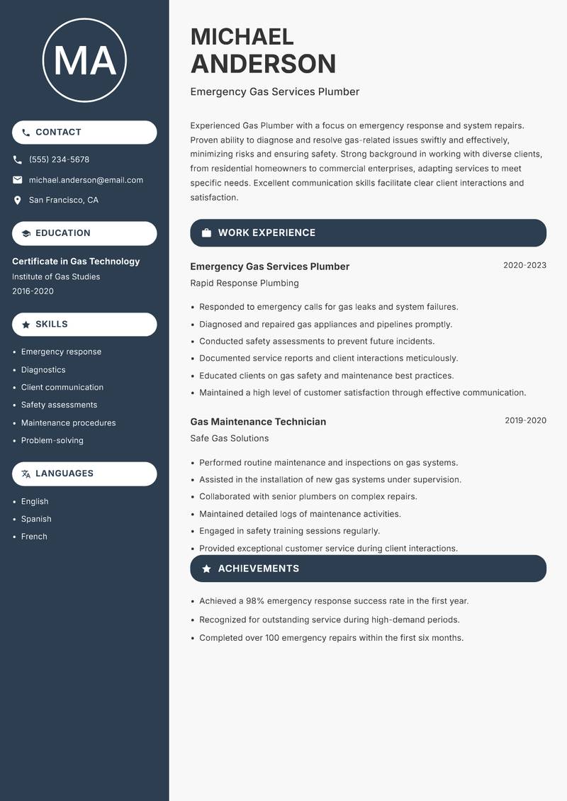 Gas Plumber resume sample — Emergency Gas Services Plumber focus
