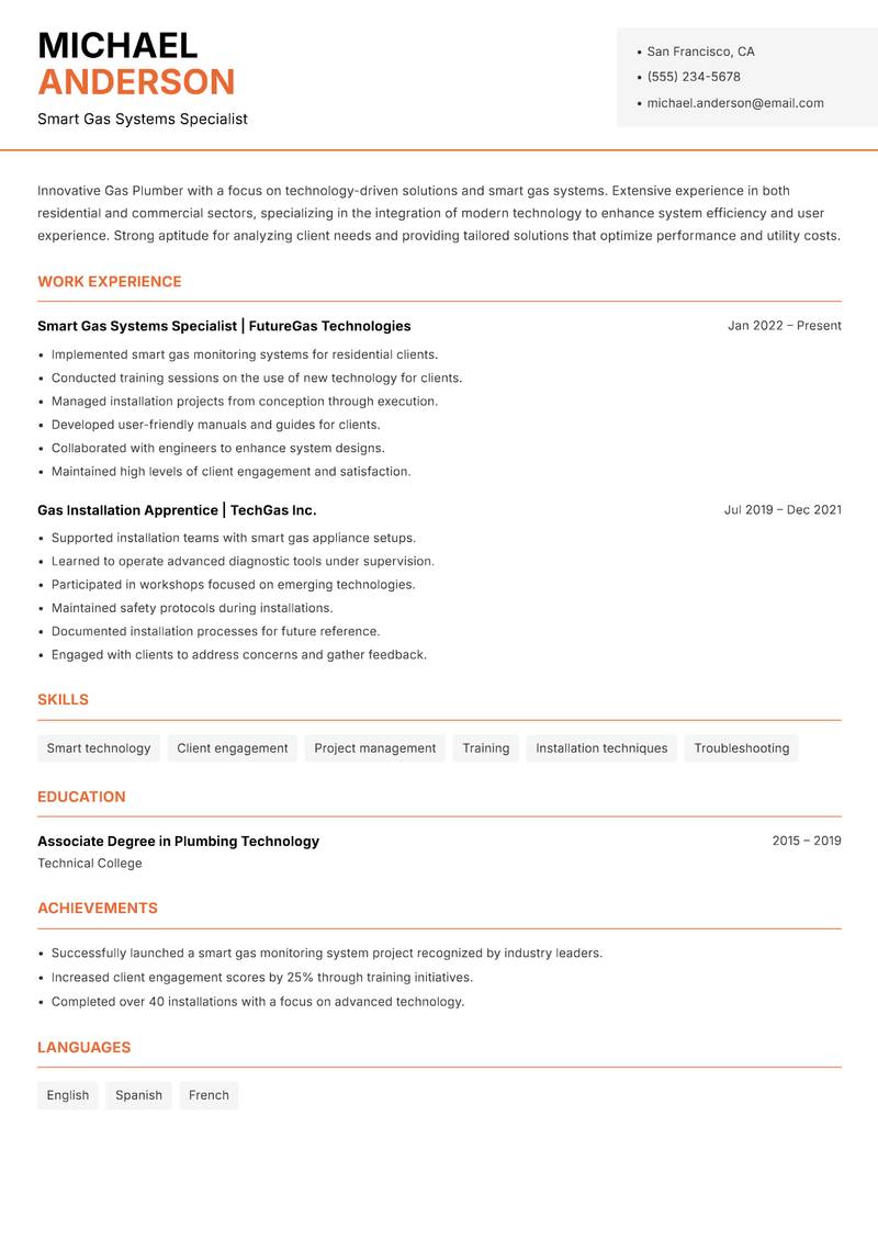 Gas Plumber resume sample — Smart Gas Systems Specialist focus
