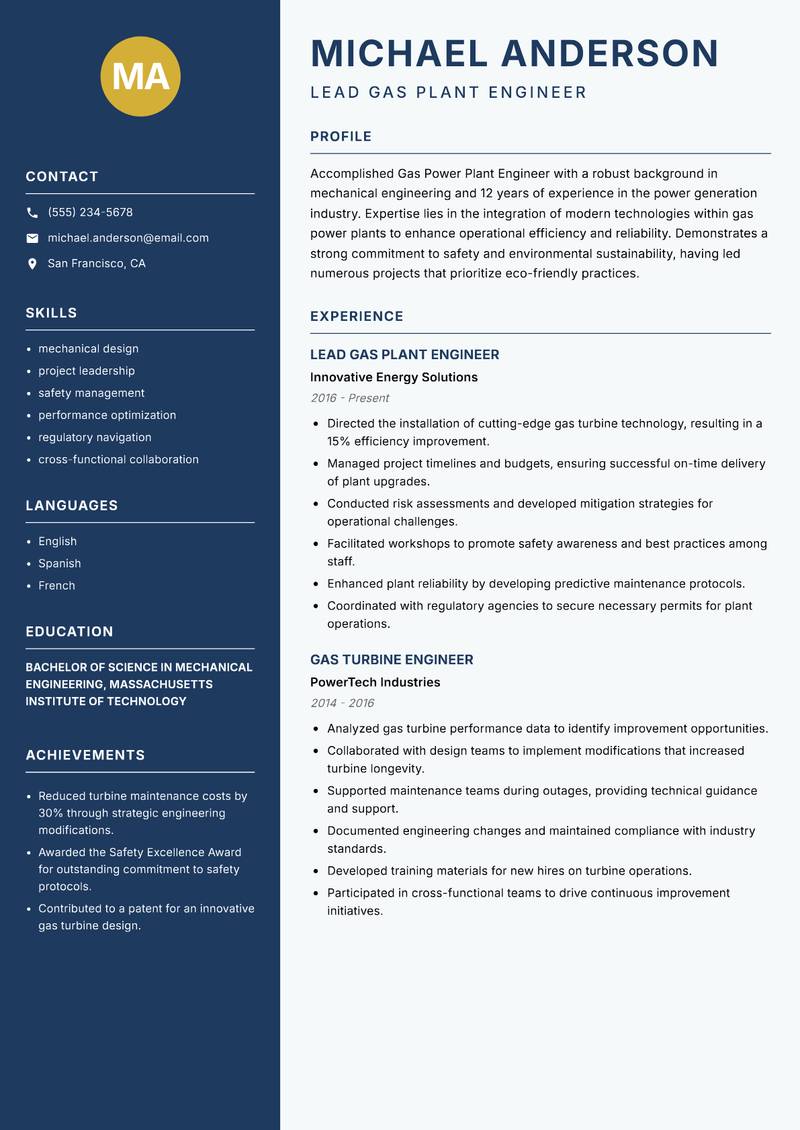 Gas Power Plant Engineer resume sample — Lead Gas Plant Engineer focus