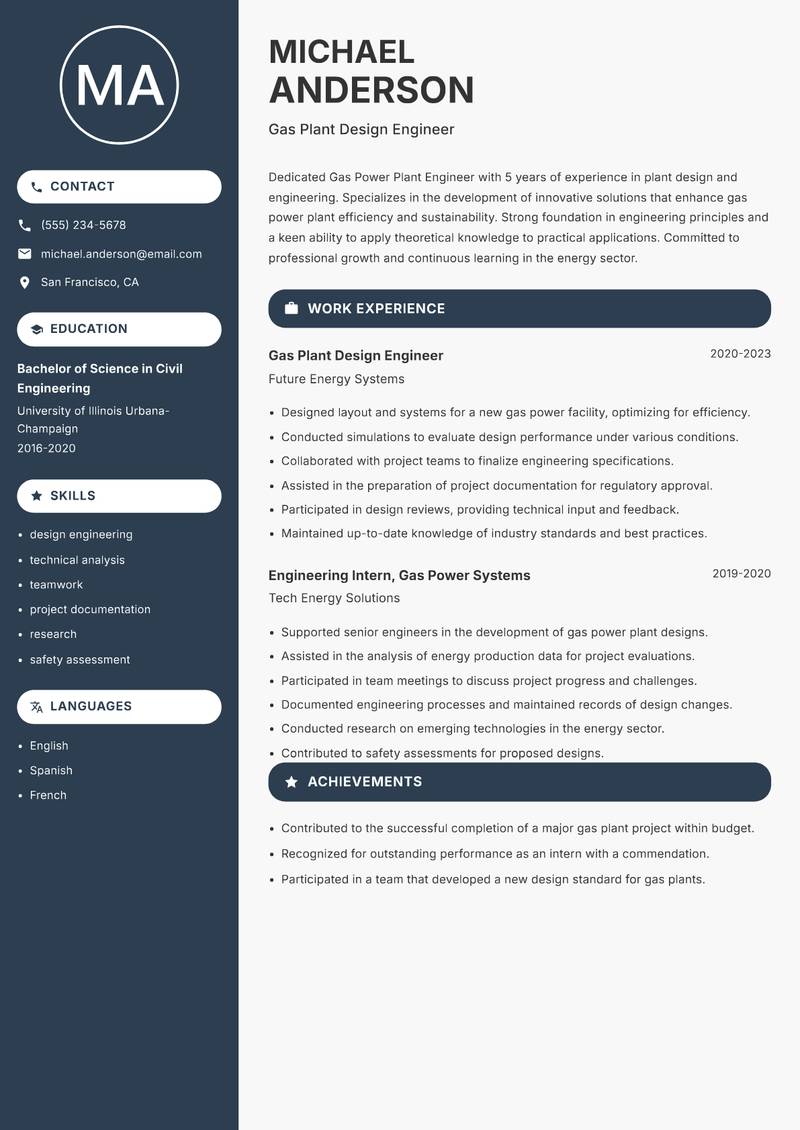 Gas Power Plant Engineer resume sample — Gas Plant Design Engineer focus