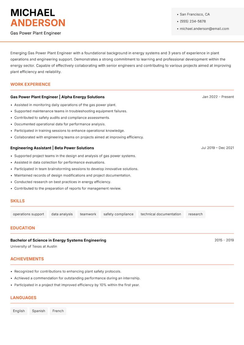Gas Power Plant Engineer resume sample — Gas Power Plant Engineer focus