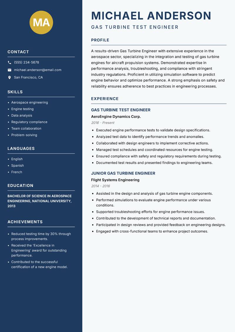Gas Turbine Engineer resume sample — Gas Turbine Test Engineer focus
