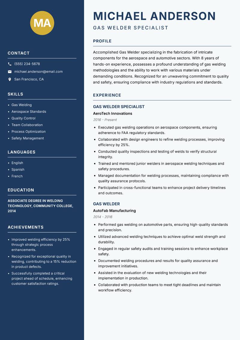 Gas Welder resume sample — Gas Welder Specialist focus