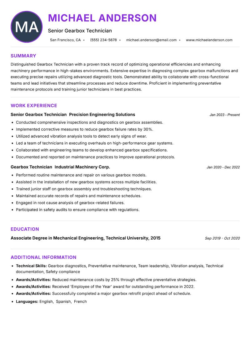 Gearbox Technician resume example