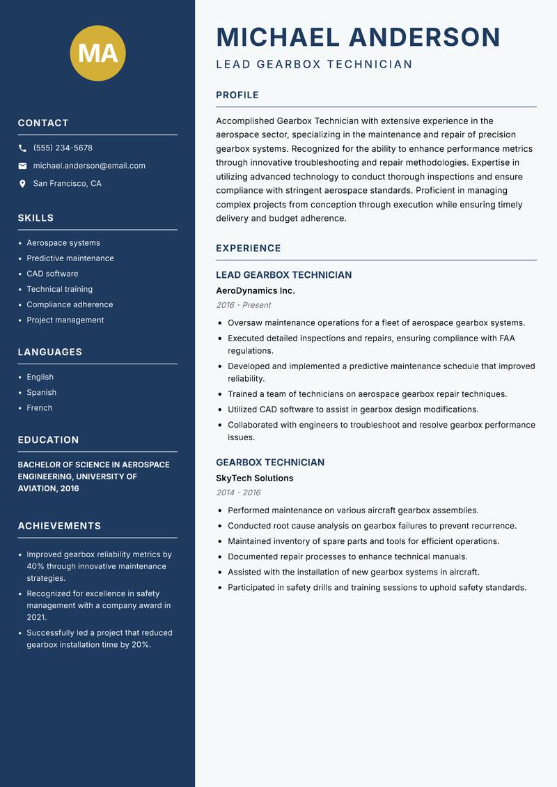 Gearbox Technician resume sample — Lead Gearbox Technician focus
