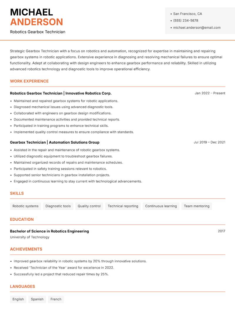 Gearbox Technician resume sample — Robotics Gearbox Technician focus