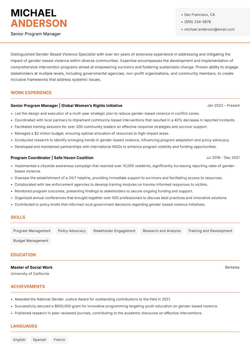 Gender-Based Violence Specialist resume sample — Senior Program Manager focus