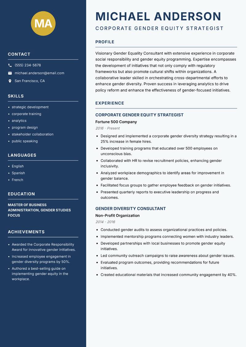 Gender Equality Consultant resume sample — Corporate Gender Equity Strategist focus