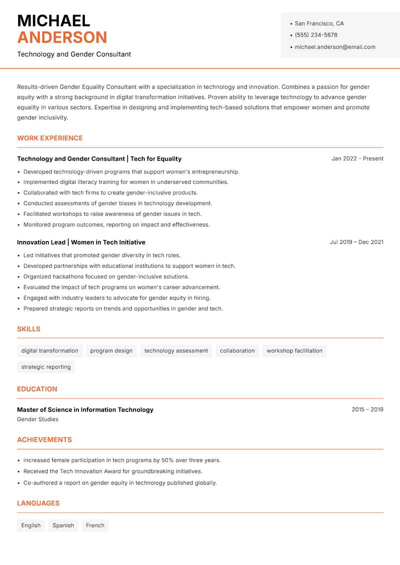Gender Equality Consultant resume sample — Technology and Gender Consultant focus