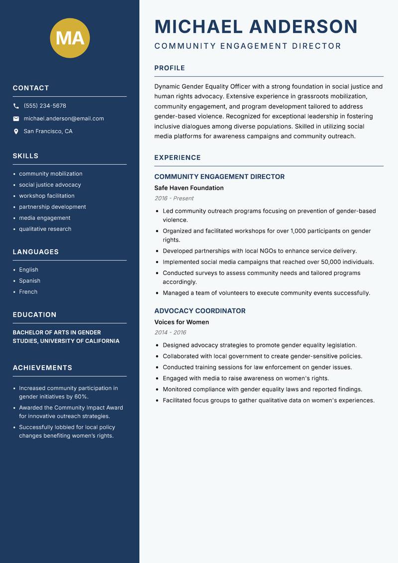 Gender Equality Officer resume sample — Community Engagement Director focus