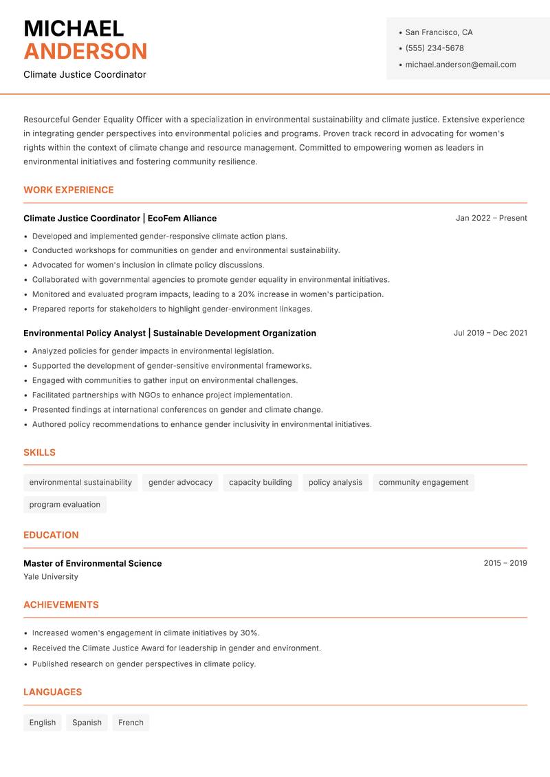 Gender Equality Officer resume sample — Climate Justice Coordinator focus