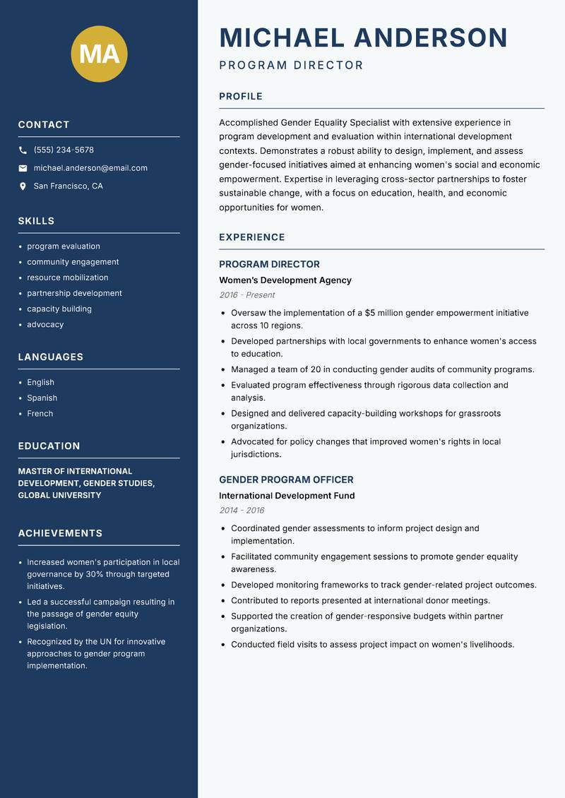 Gender Equality Specialist resume sample — Program Director focus