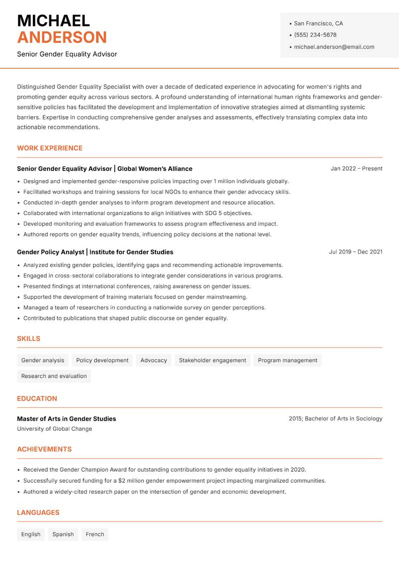 Gender Equality Specialist resume sample — Senior Gender Equality Advisor focus