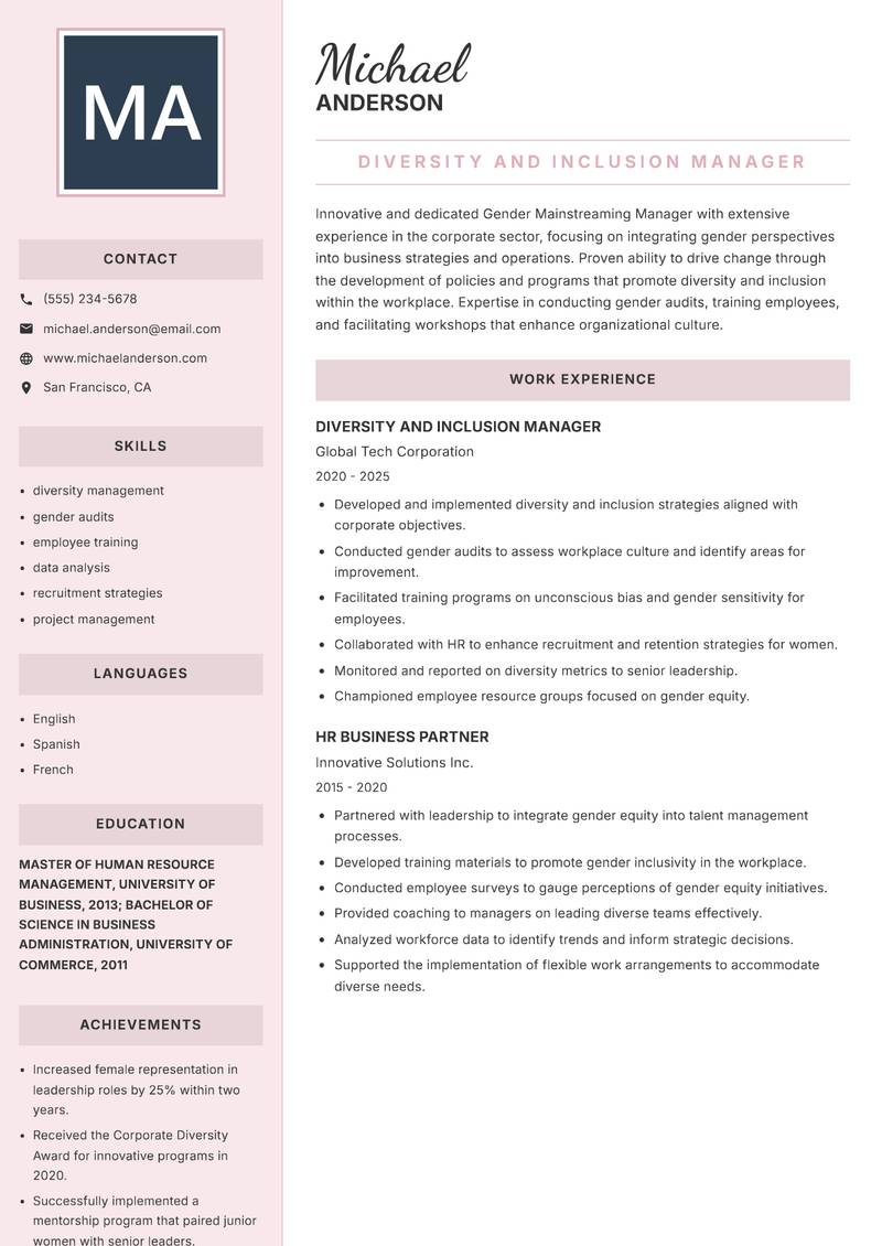 Gender Mainstreaming Manager resume sample — Diversity and Inclusion Manager focus