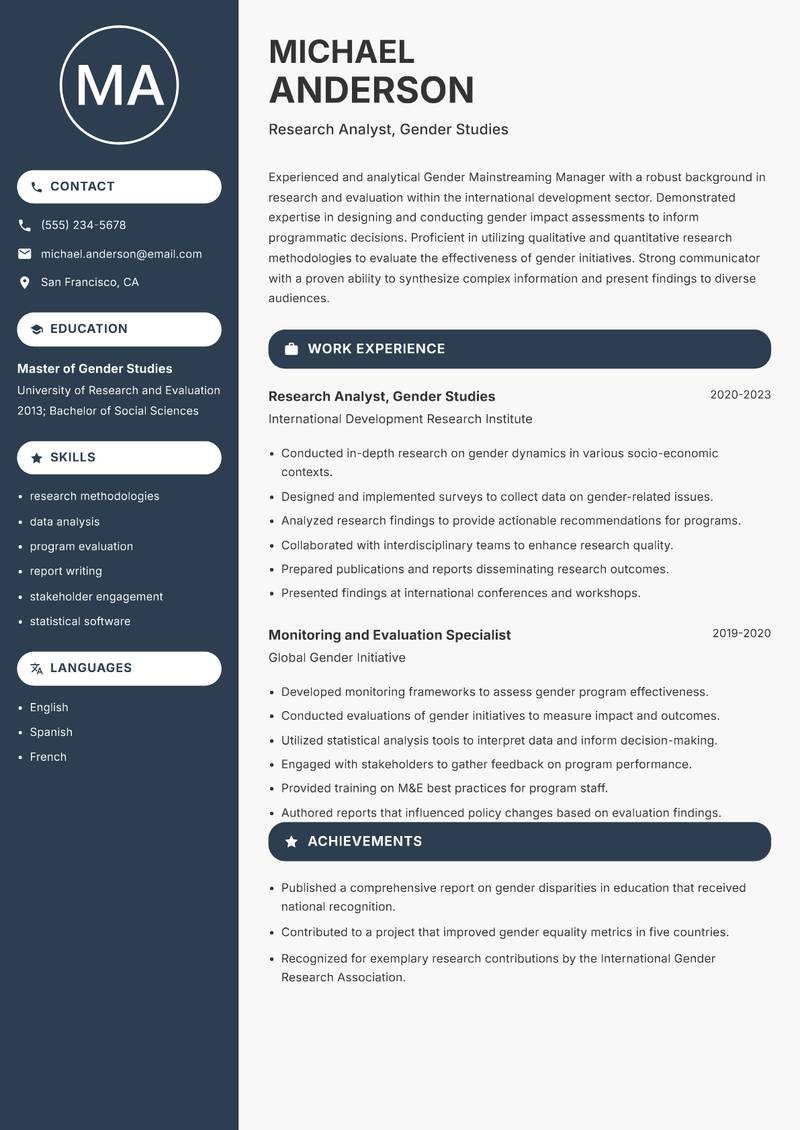 Gender Mainstreaming Manager resume sample — Research Analyst, Gender Studies focus