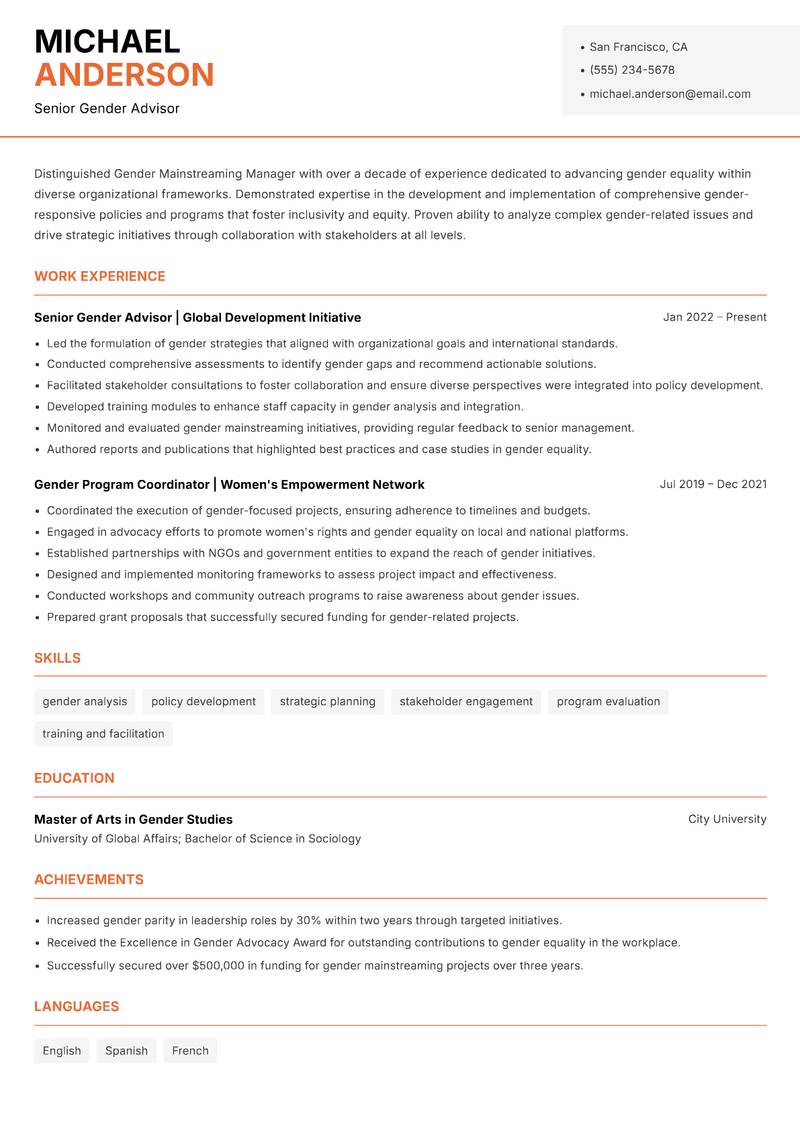 Gender Mainstreaming Manager resume sample — Senior Gender Advisor focus