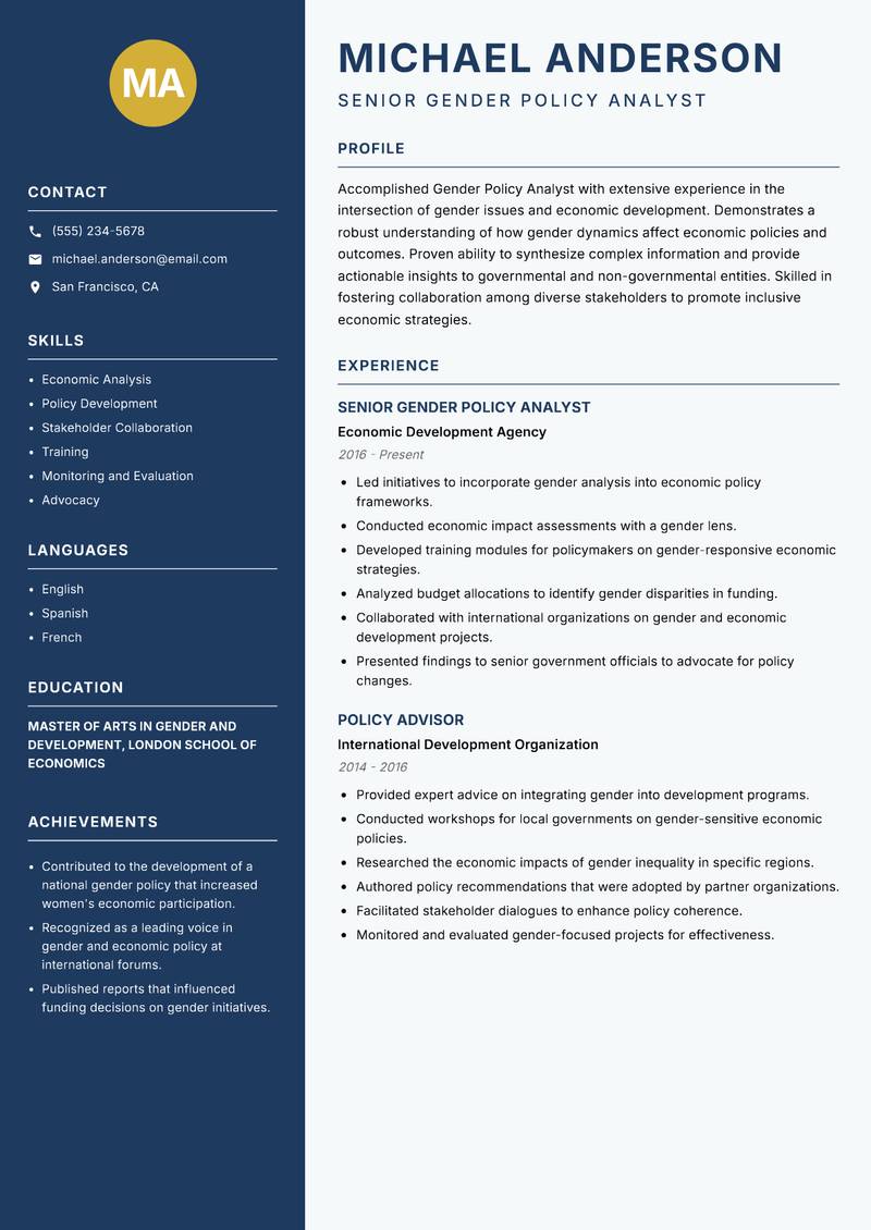 Gender Policy Analyst resume sample — Senior Gender Policy Analyst focus
