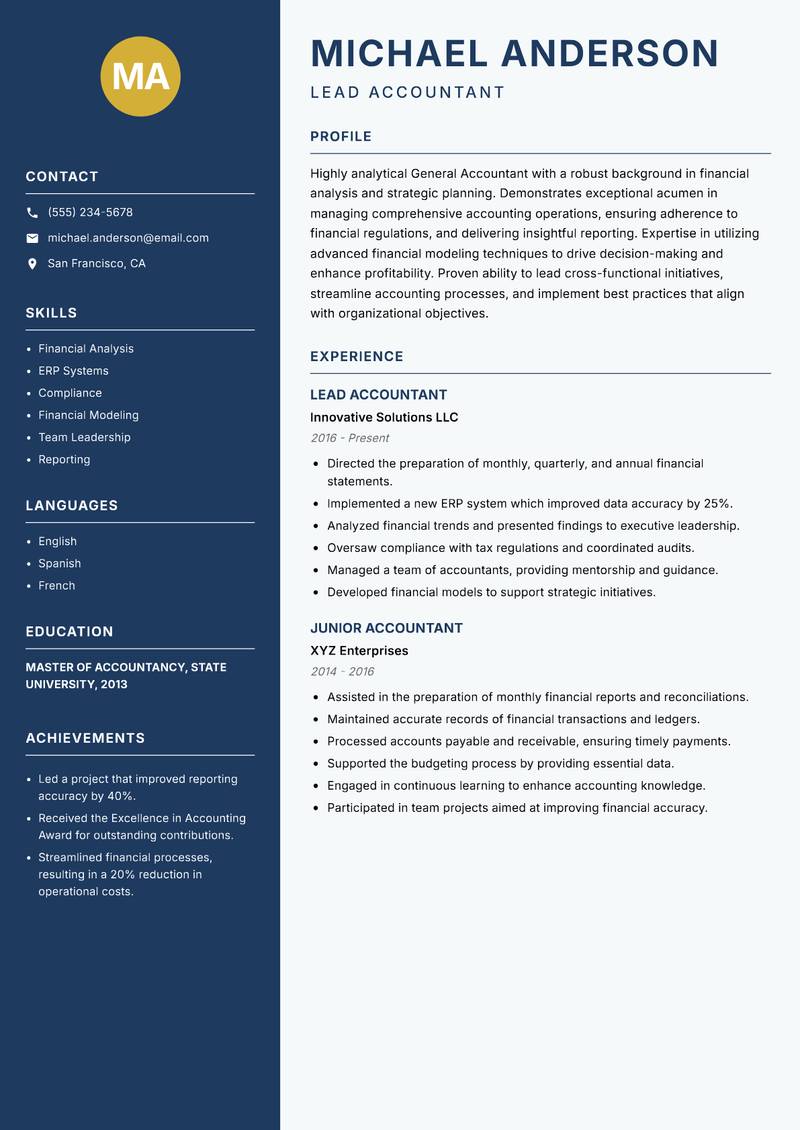 General Accountant resume sample — Lead Accountant focus