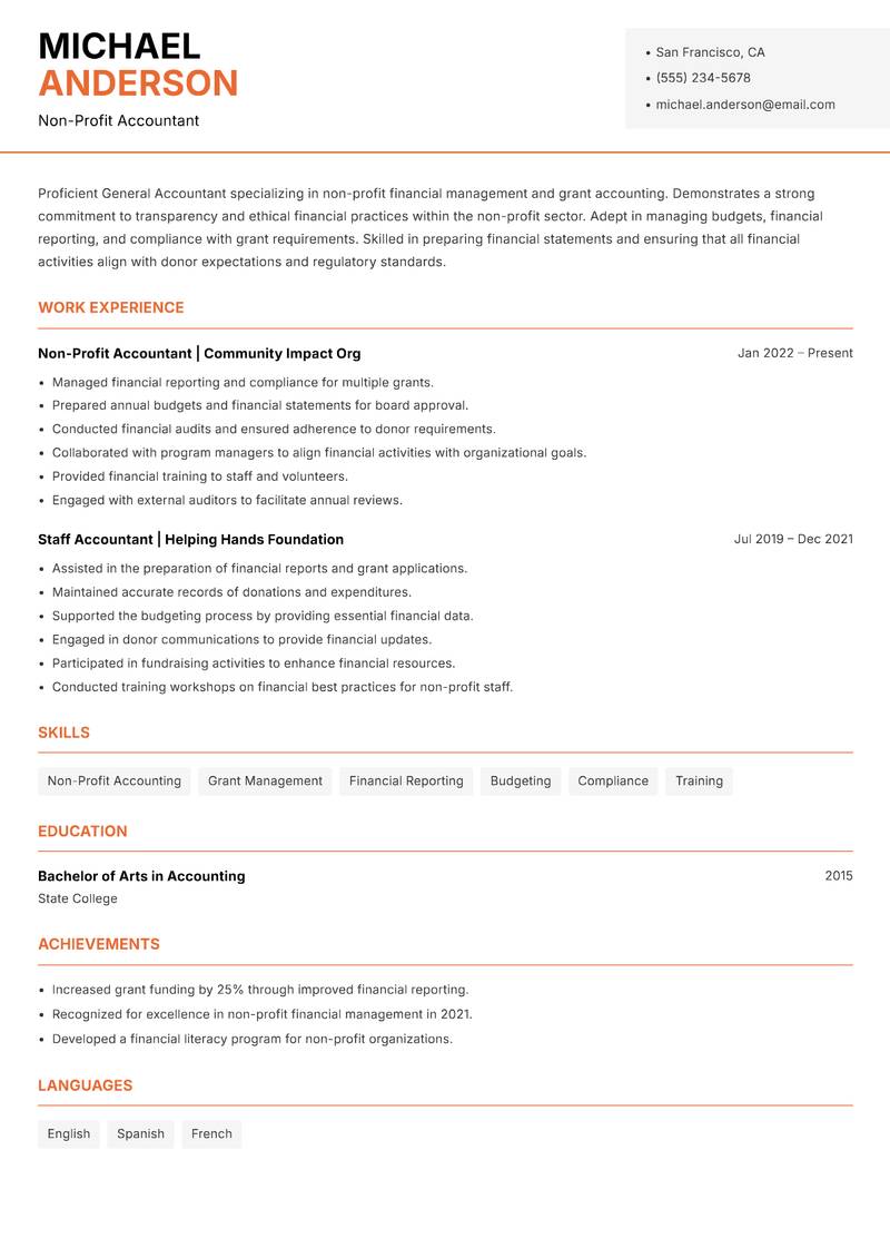 General Accountant resume sample — Non-Profit Accountant focus