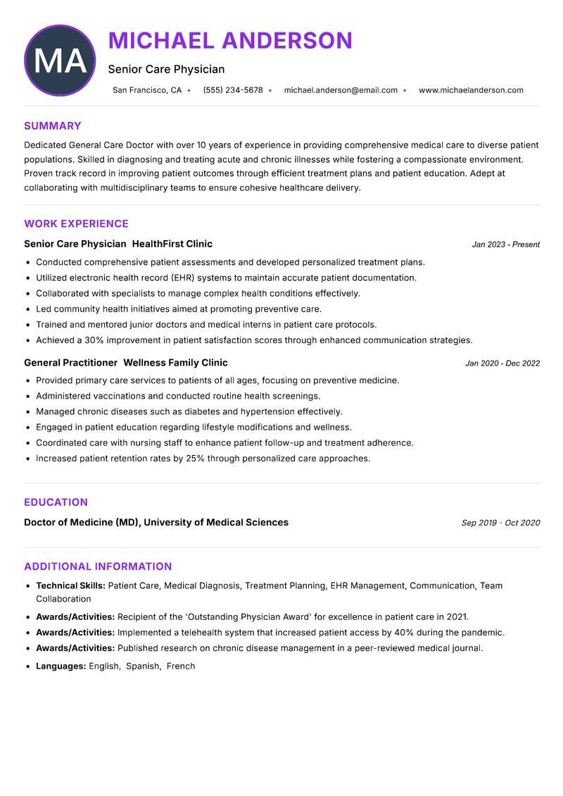 General Care Doctor resume example