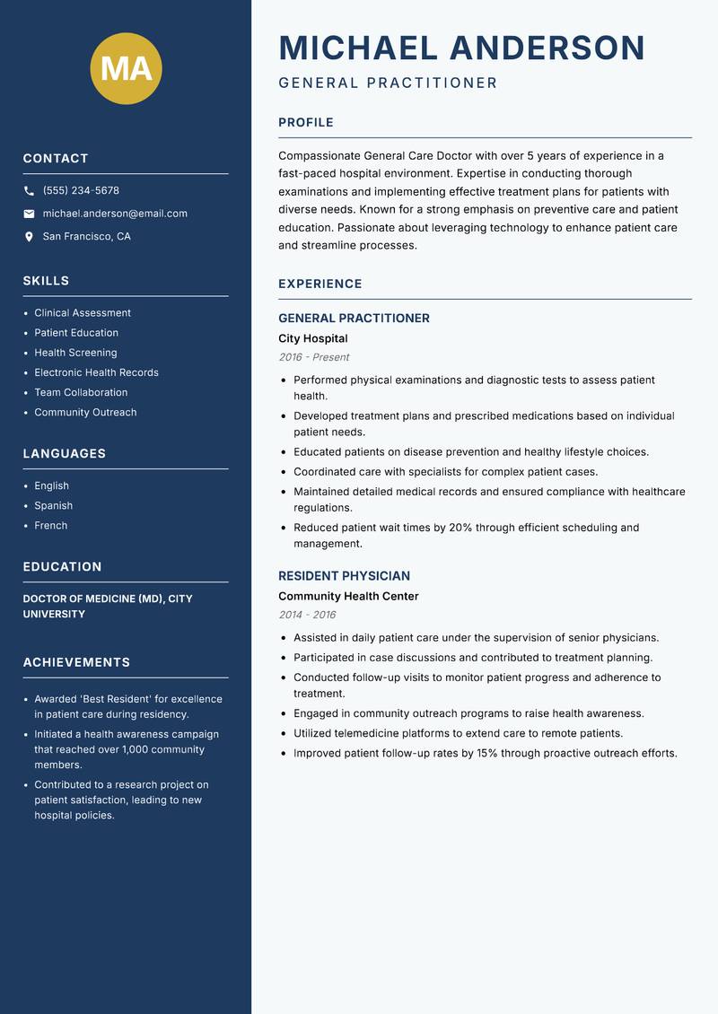 General Care Doctor resume sample — General Practitioner focus